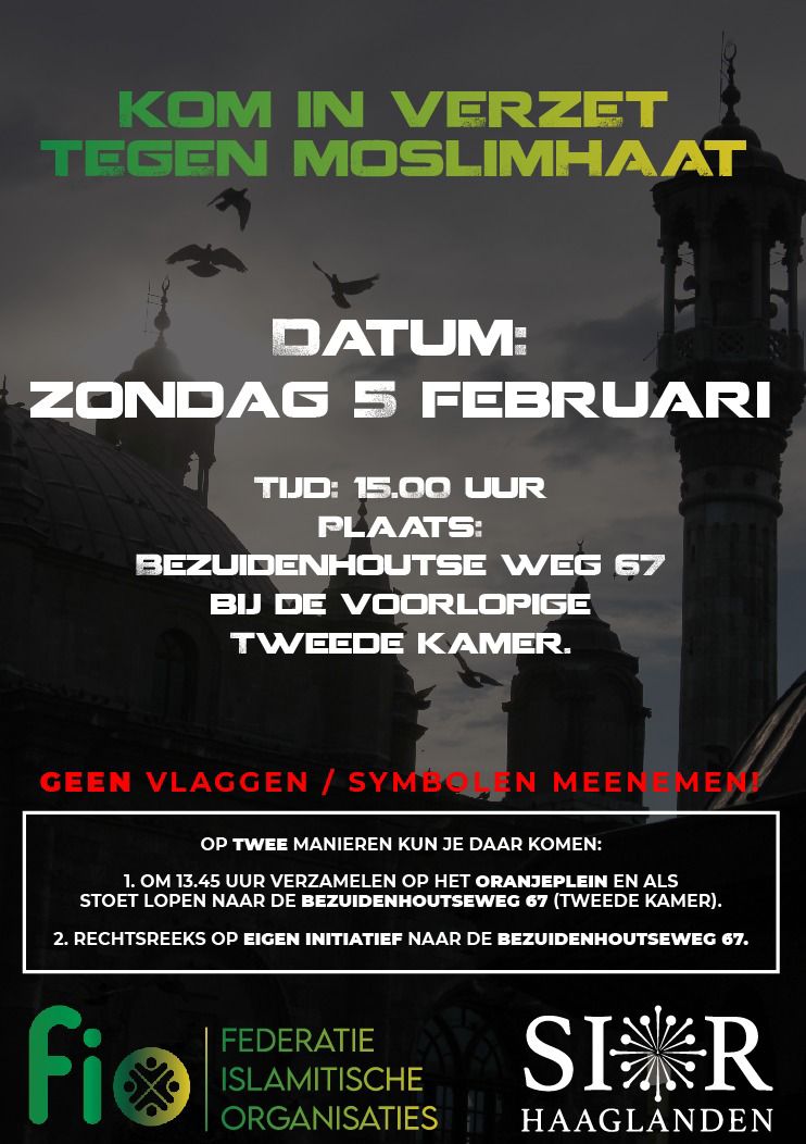 Affiche van FIO en SIORH: kom in verzet tegen moslimhaat, zondag 5 februari